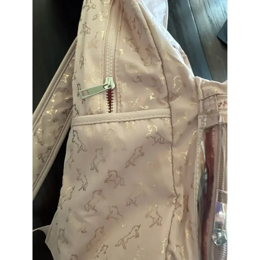 Girls Pink Unicorn Backpack Clear Pocket Organizer Pouch NWT Blush Gold